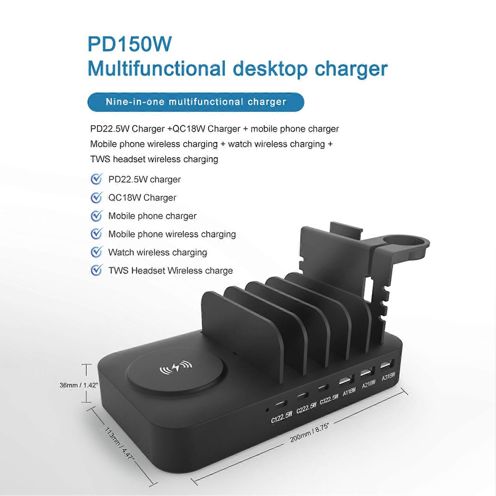 Charging Station For Multiple Devices Fast 150w 9 Port For Mobile Phones Tablets Watches e-Books