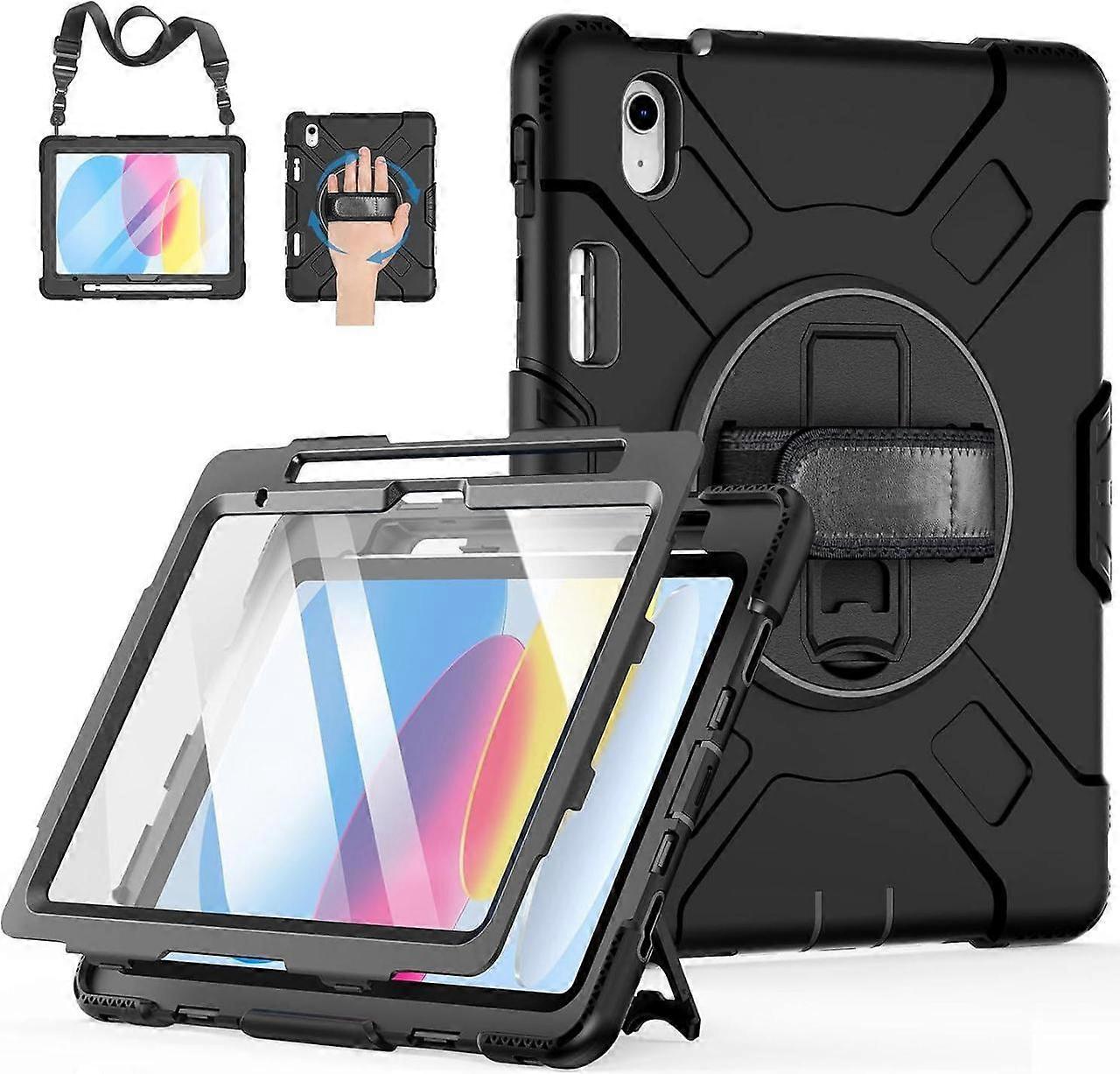 Case for iPad 10th Generation 2022 A2757 A2777 A2696 Protective Cover with Screen Protector/Pencil Holder/Rotating Stand/Hand Strap/Shoulder Strap