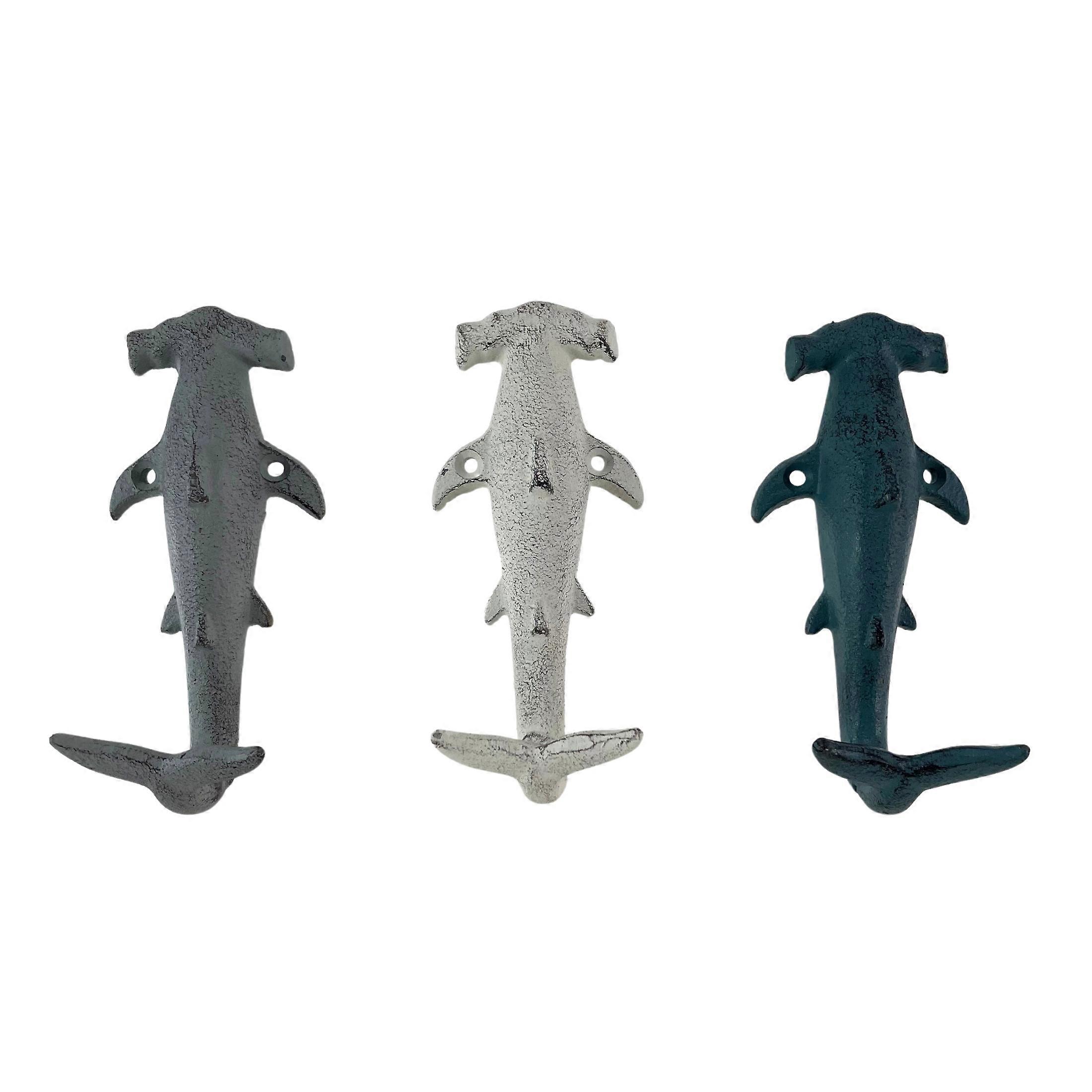 Charming Hammerhead Shark Wall Hooks Set – Decorative Cast Iron Hooks in Blue, Gray, and White, Nautical Decor for Beachy Spaces, 5 Inches High