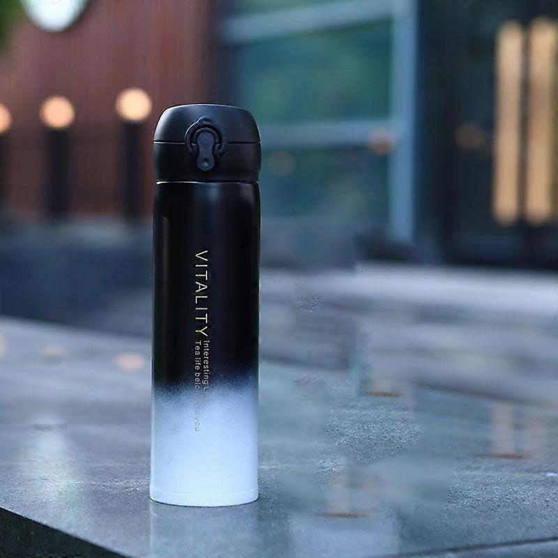 15oz Insulated Stainless Steel Water Bottle with One-handed Opening Lid,For Kids,Women,Men-Black White