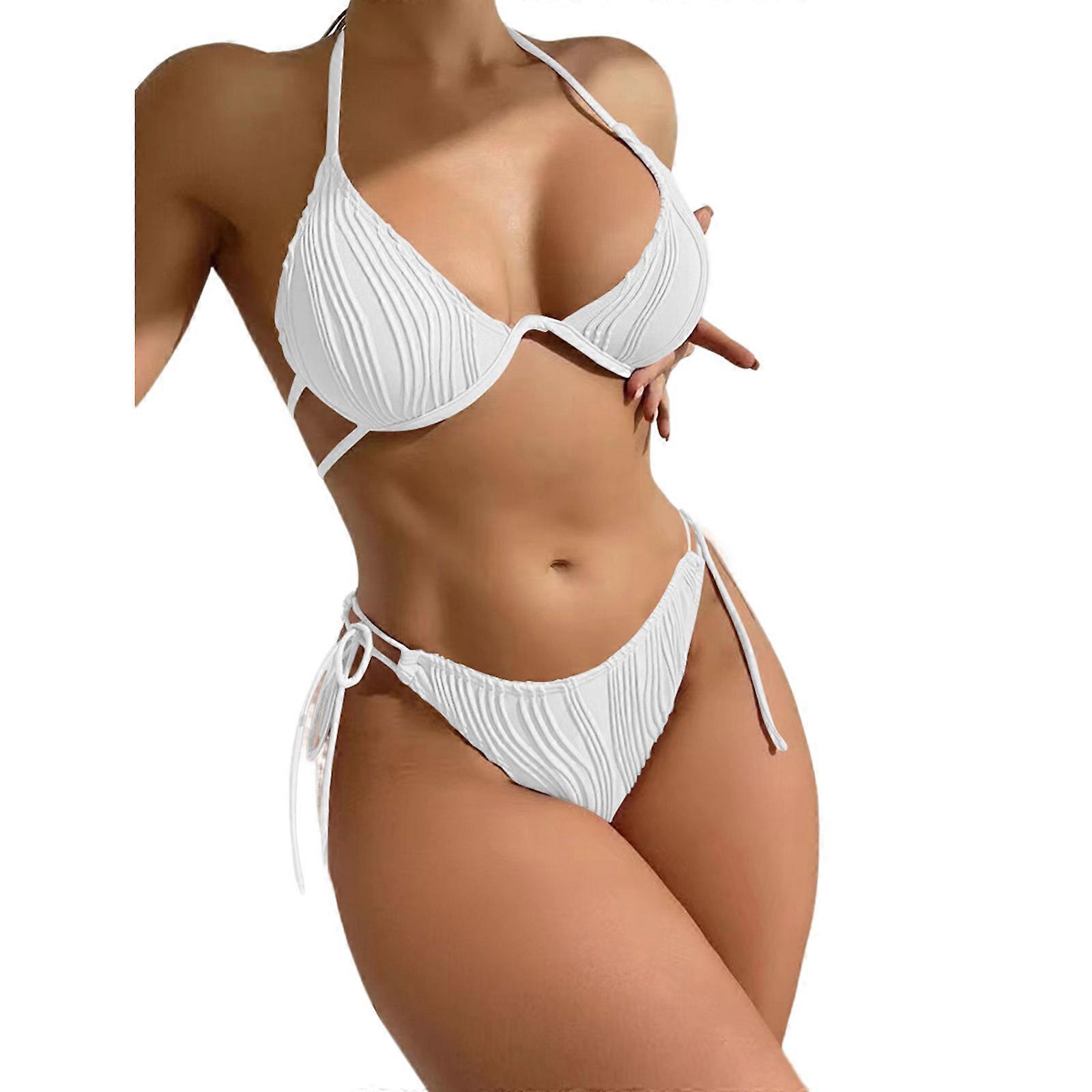 Femmes 2Pièces Sexy Licols Col Haut Coupe String Maillot De Bain Ensemble Push Up Maillot De Bain Laçage Maillots De Bain Maillots De Bain Vêtements De Plage Blanc XL