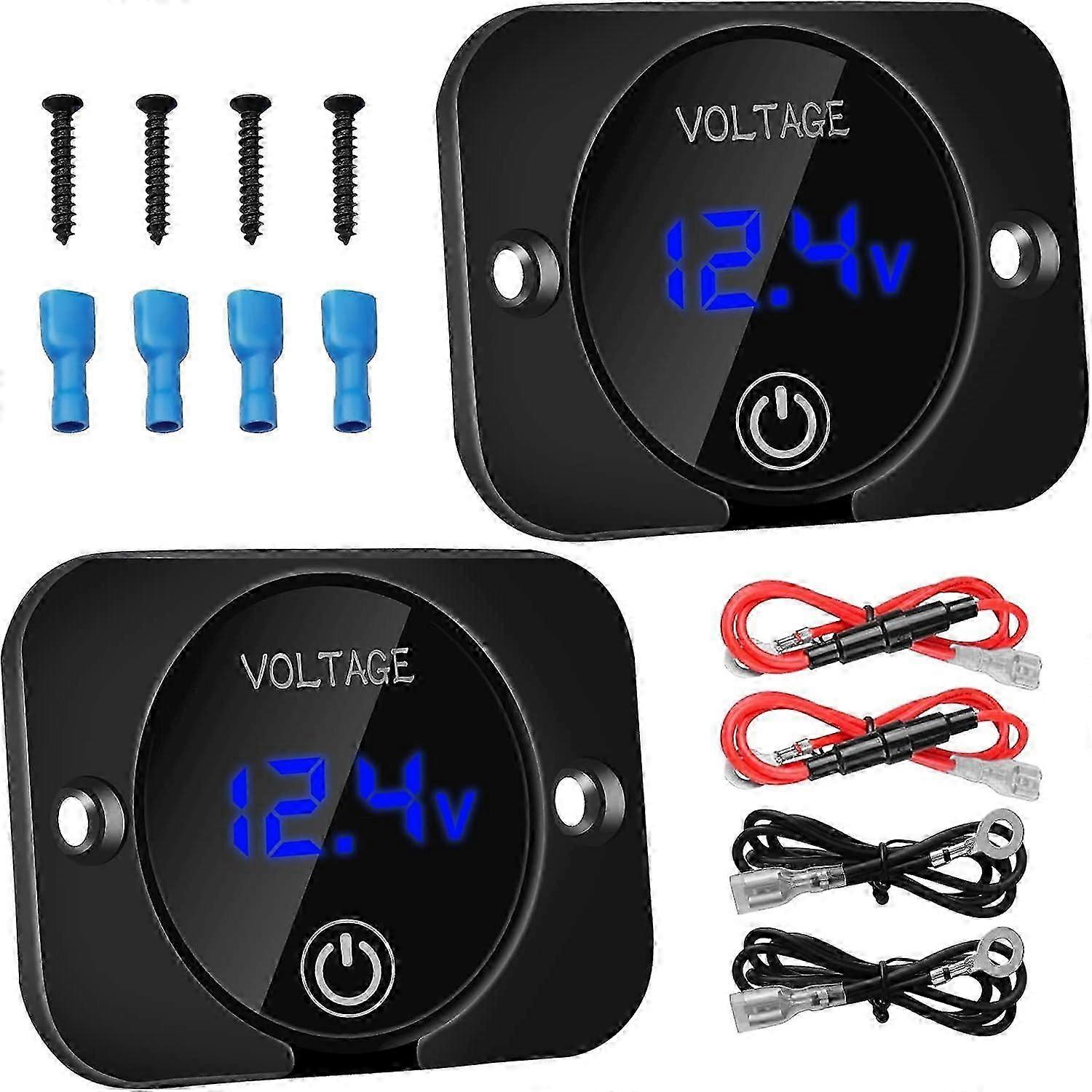 2PCS 12V Auto Digital Voltmeter, wasserdichtes Display Spannungsmessgerät mit Touch-Schalter-Panel, blaues Spannungsmessgerät