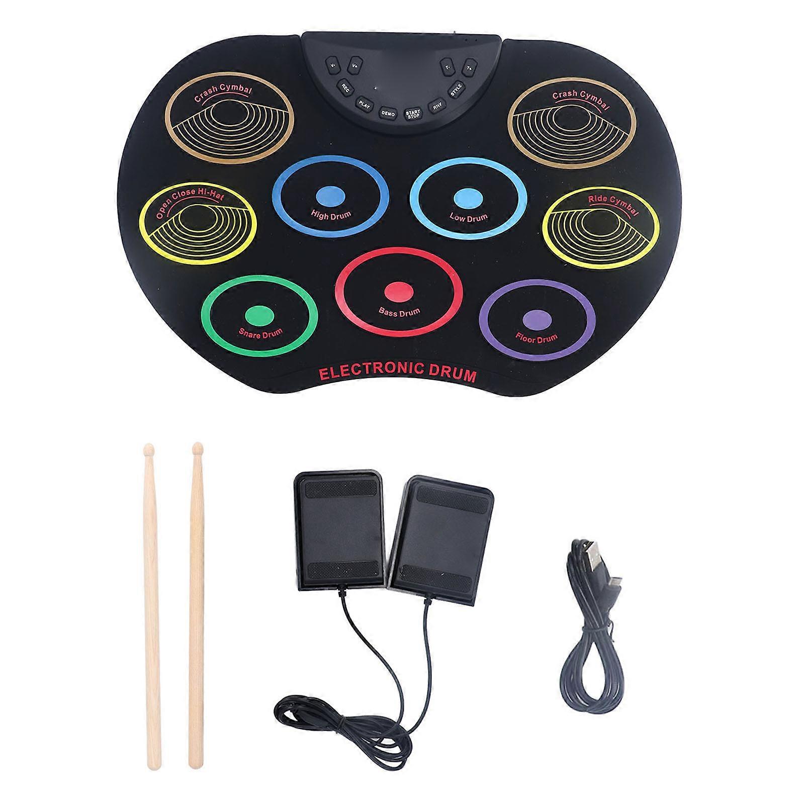 Easy to Play Portable Electronic Drum Set, Roll-Up Pedals, Drumsticks for Kids