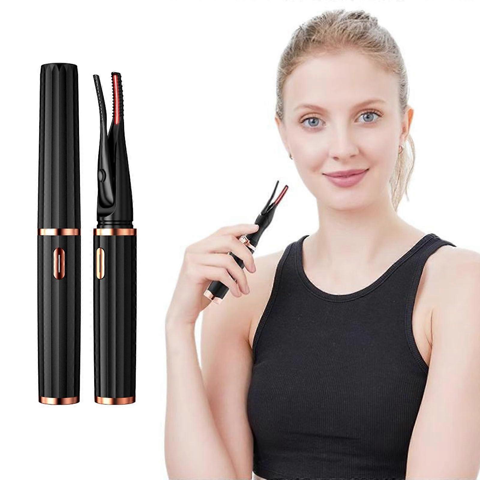 Rechargeable Heated Eyelash Curler - Portable Electric Lash Curling Wand with Fast Heating USB Perm Tool in Black