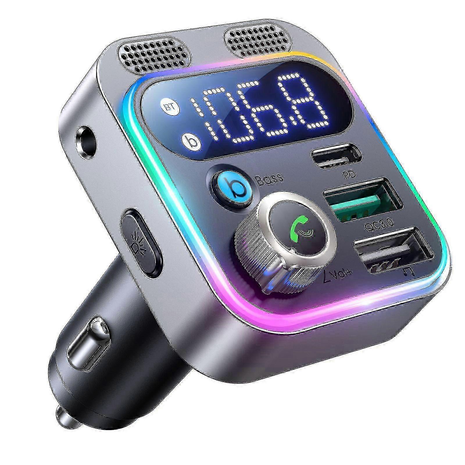 48W Bluetooth Car FM Transmitter,Bass & HiFi StereoBluetooth 5.3 Car Adapter, Bluetooth Cigarette Lighter Hands-Free Call, Dual Microphone, Bluetoot
