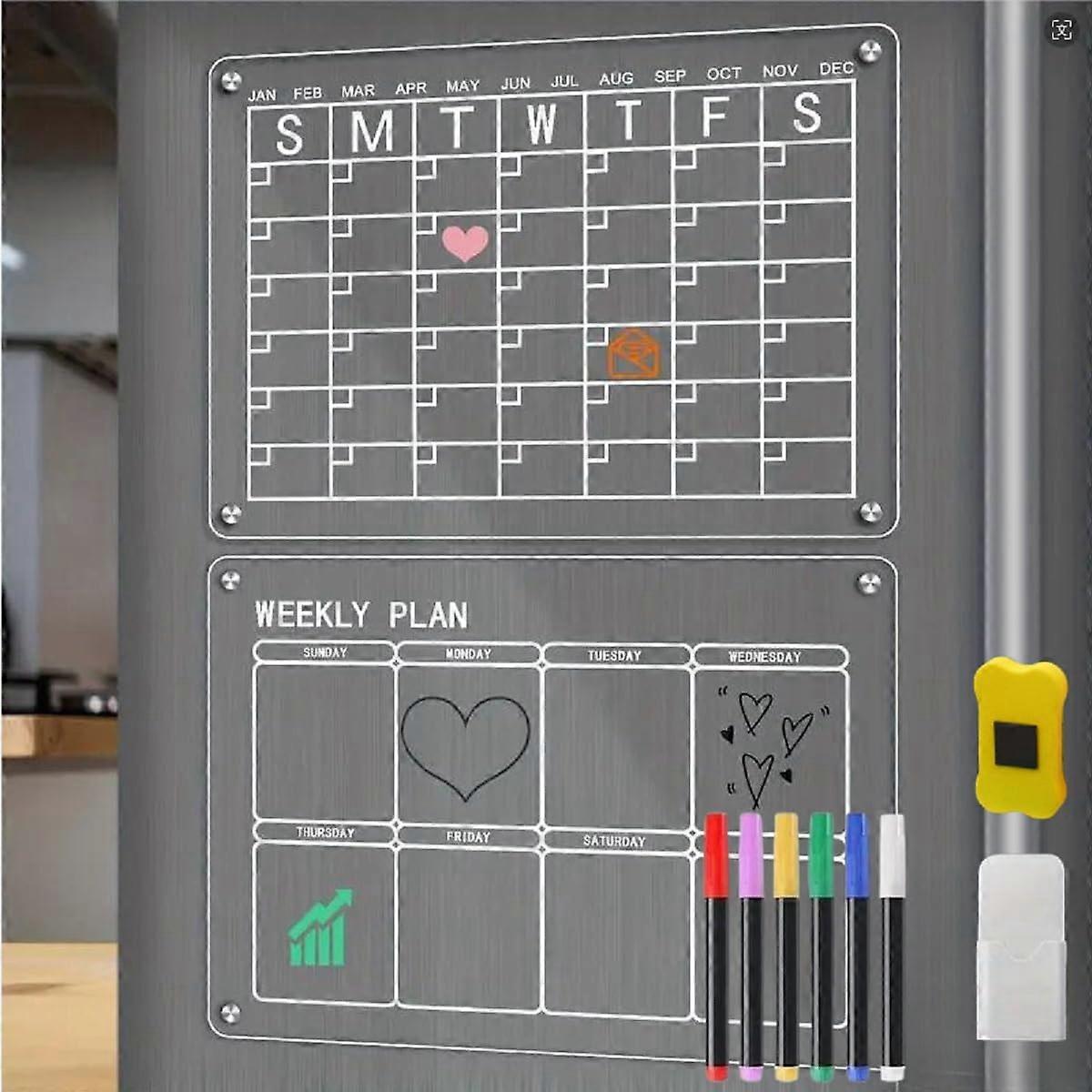 Acrylic Magnetic Dry Erase Calendar Set of 2 for Fridge, 16"x12" Reusable Monthly & Weekly Planning Boards with 6 Markers