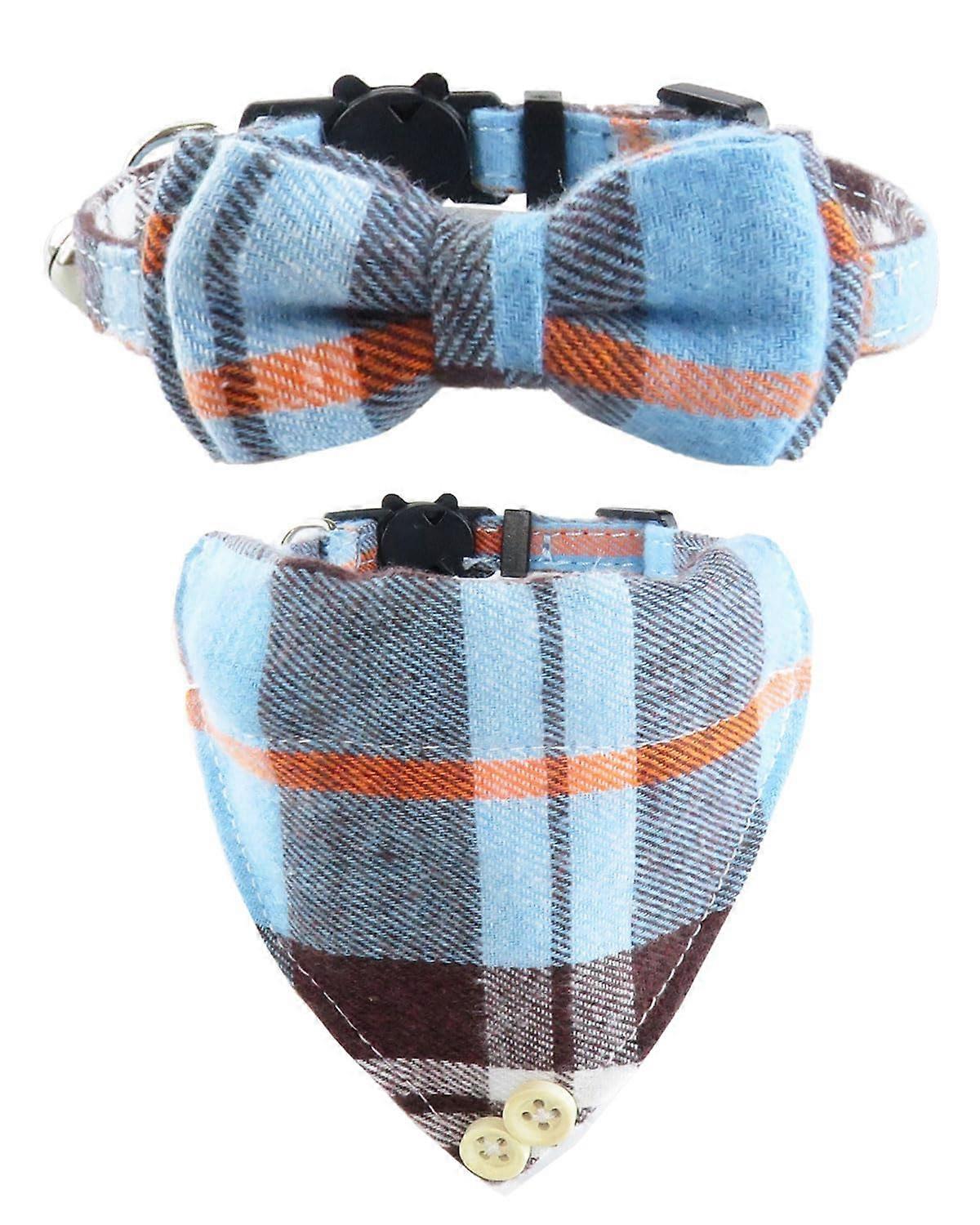 Cat Collars with Bells and Removable Bow Tie, Blue Checked Cat Bandana for Kittens and Dogs, Adjustable Size 2-Pack