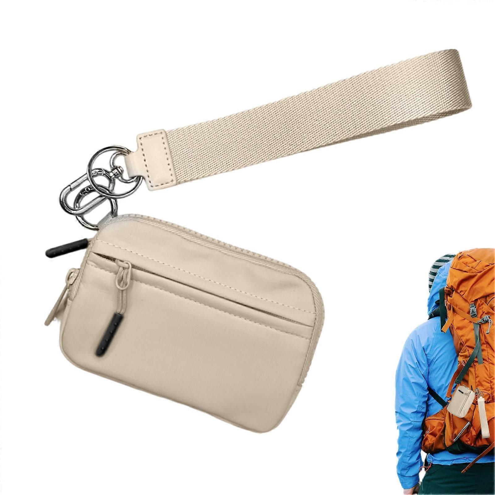 Lanyard Card Case Wallet with Zipper, Khaki Portable Coin Purse for Credit Cards, Earphones, and Keys