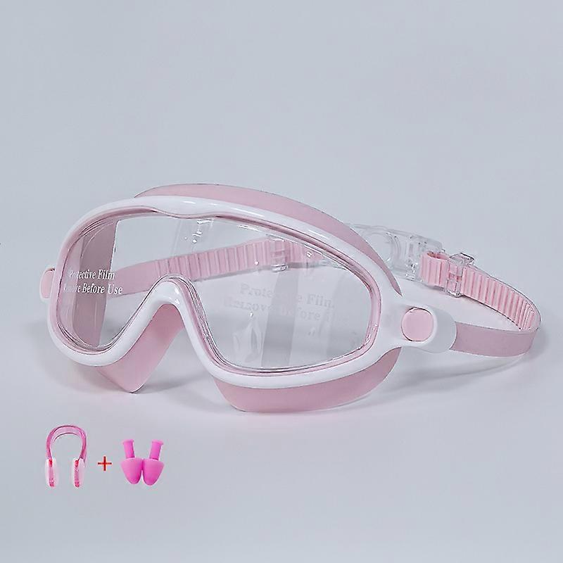 Large-frame swimming goggles, high-definition waterproof and anti-fog swimming goggles for boys and girls (pink and white)