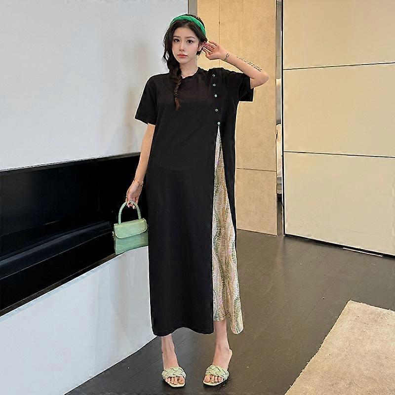 Summer Women's Dress Loose Plus Size Splicing National Style Ethnic Style Button Short Sleeve Dresses