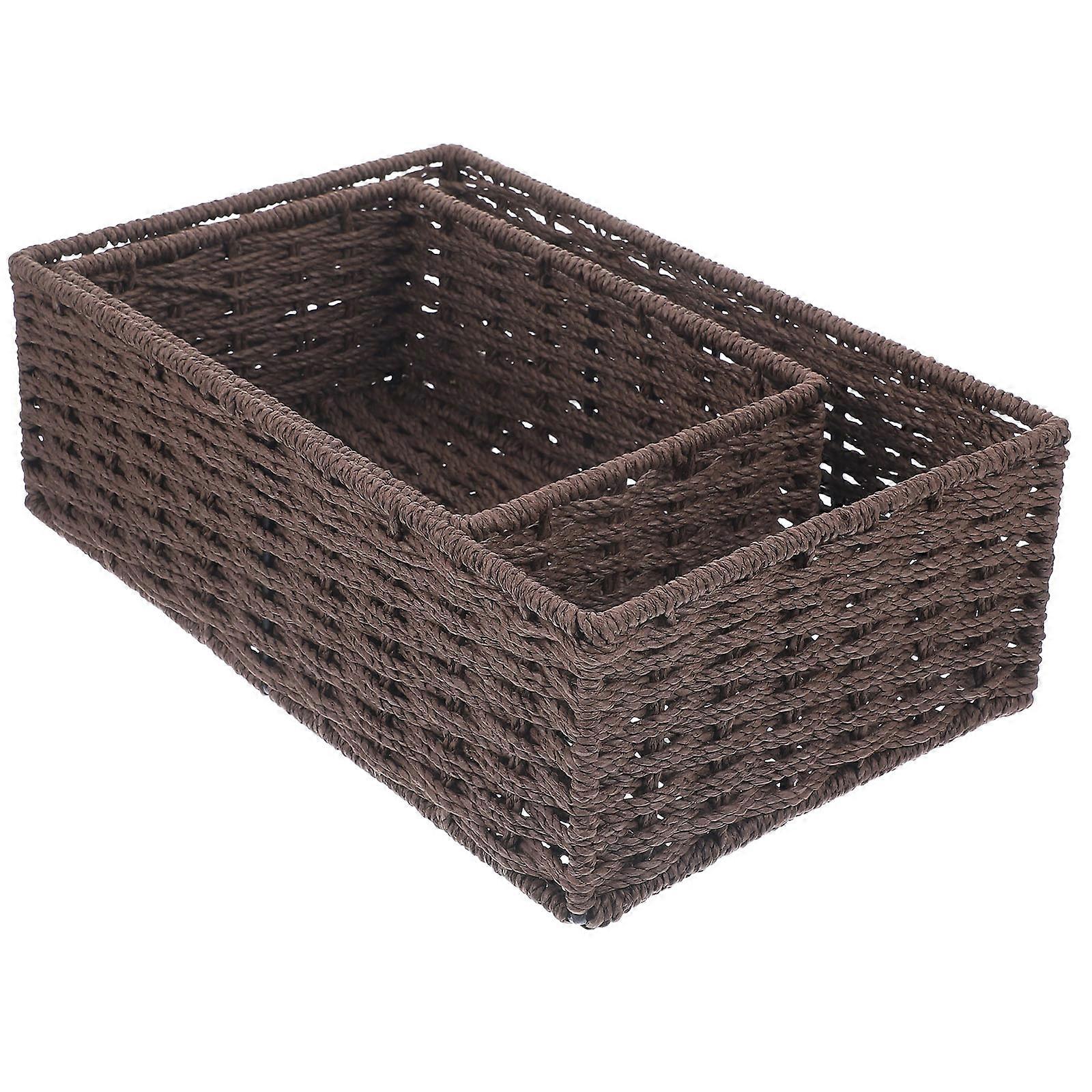 Multipurpose Basket 2Pcs For Craft Room Organization Made Of Paper And Iron Attractive Coffee Color With Elegant Woven Pattern