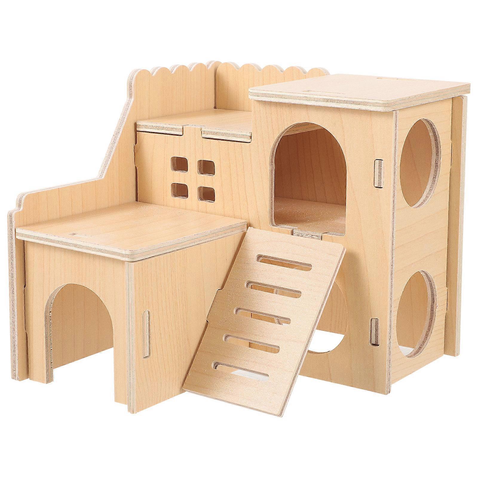 Multifunctional Wooden Hamster House Double Layer Hut Small Pet Hideout Castle for Guinea Pigs and Hamsters Comfortable Breathable Habitat with Slide