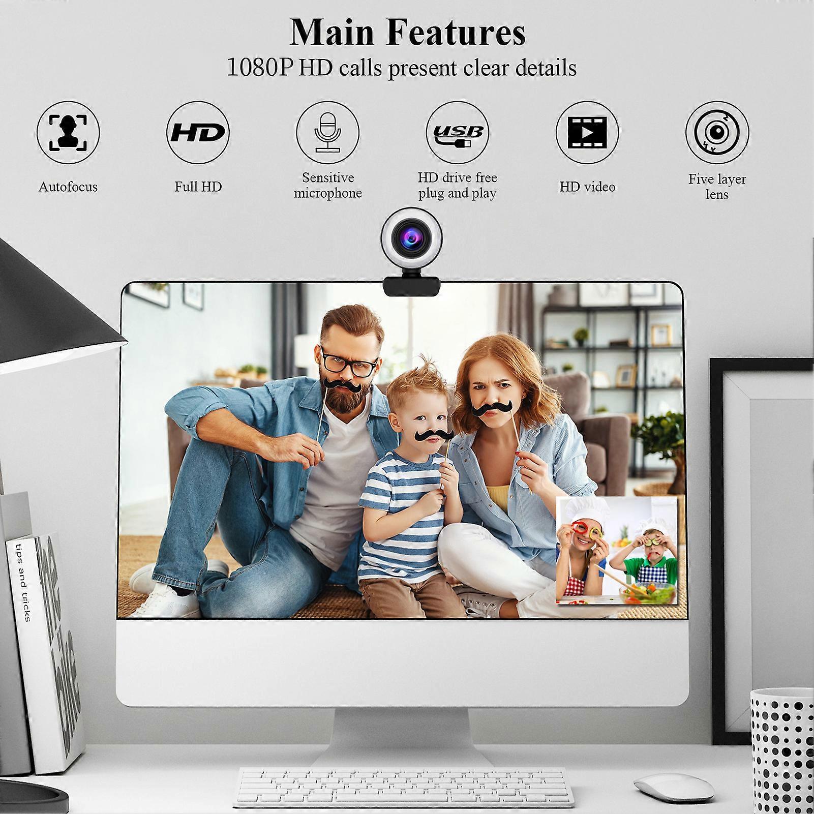 1080P Full HD Webcam with Autofocus, Adjustable Ring Light, USB Plug & Play