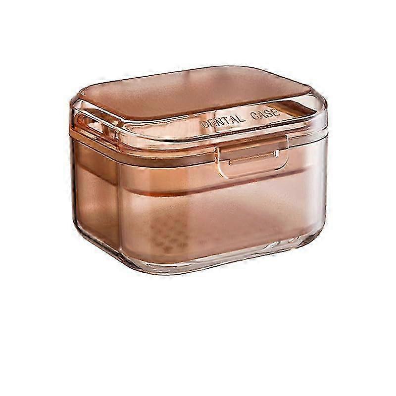 Denture Bath Case for Storing Soaking, Retainer Cleaning Box with Filter, Orthodontic Dental Retainer Cup for Dentures, Denture Bridges(Coffee)