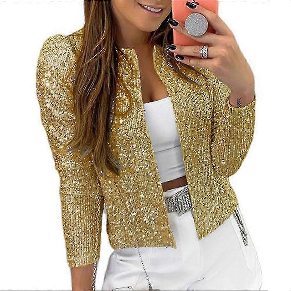Women's Sequin Jacket Open Front Sequins Cardigan Outwear Collarless Glitter Short Jacket for