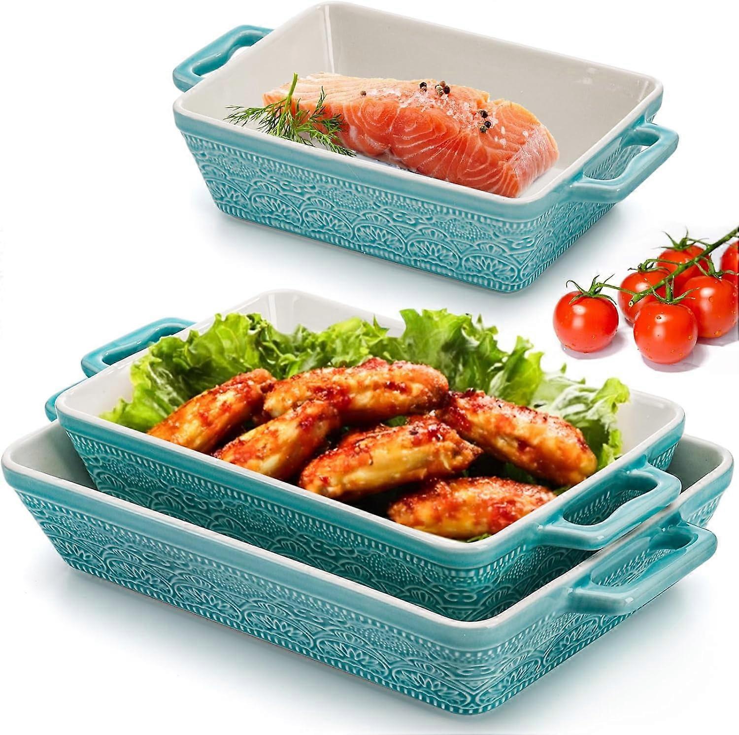 Set of 3 Ceramic Baking Dishes, Rectangular Bakeware with Handles, Lake Blue, 3 Sizes, compatible with oven