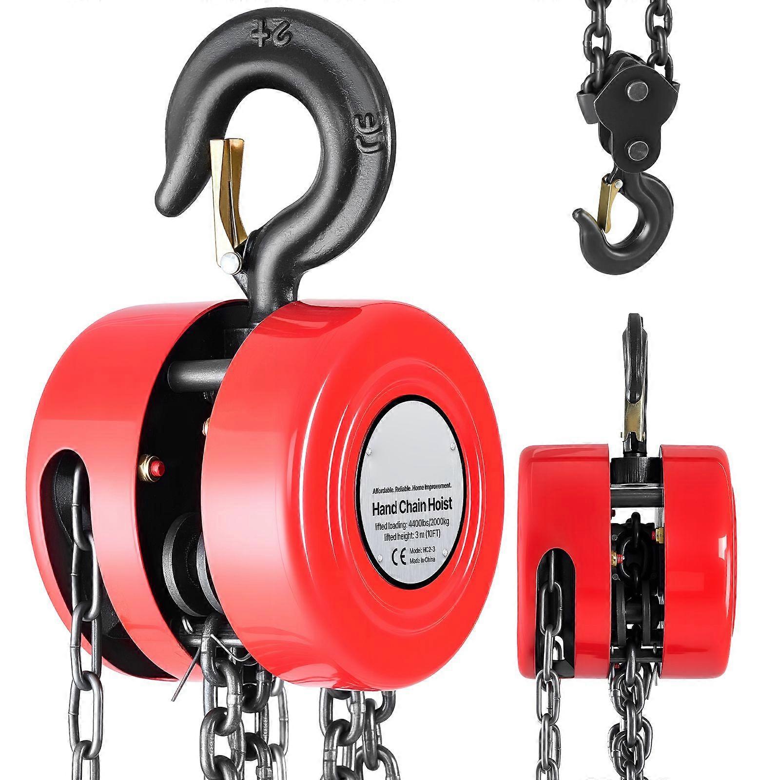 Hand Chain Hoist, 2 Ton Capacity, Manual Chain Block with Upgrade G70 Galvanized Chain, 3 m Lifting Height, Red