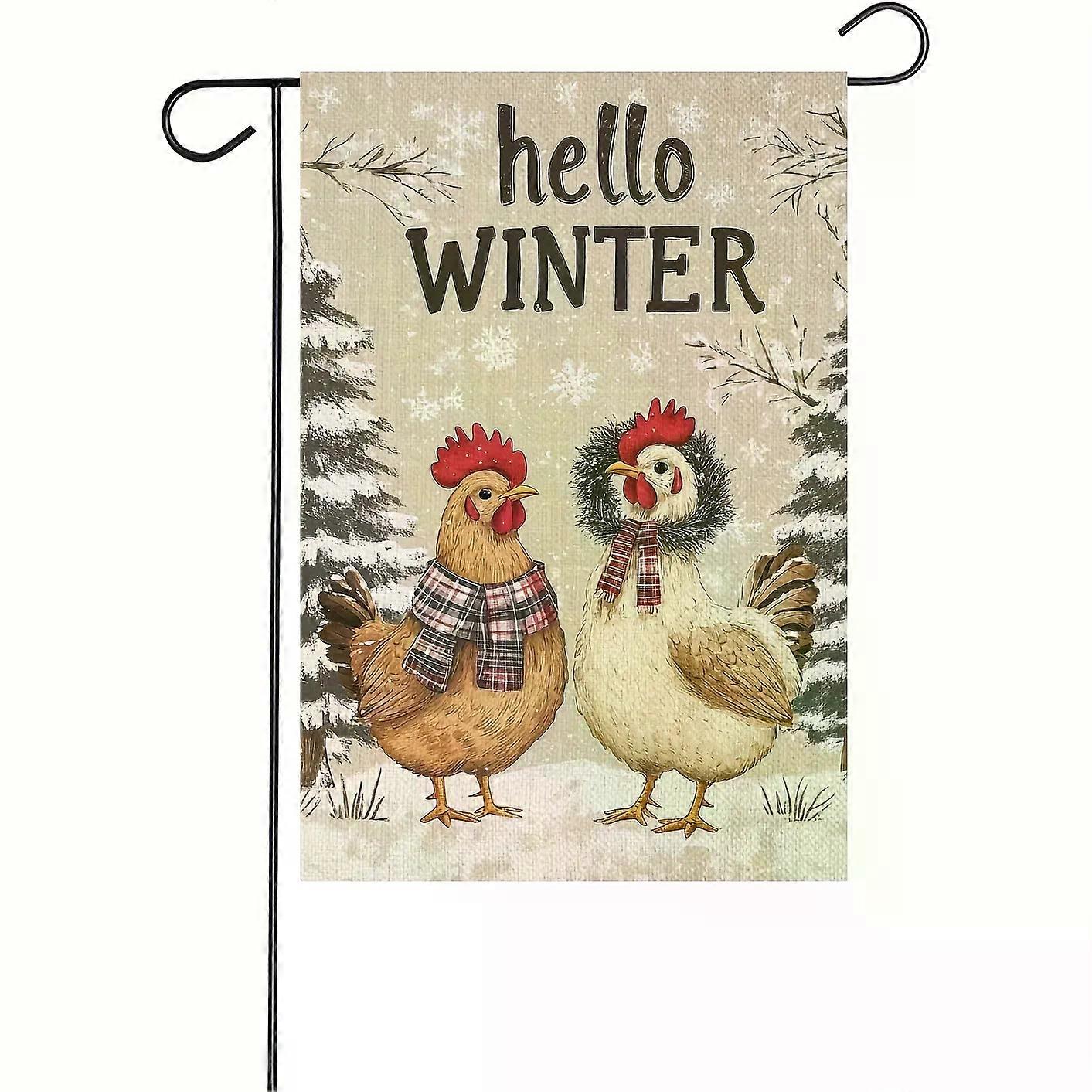 דגל גינה אנכי דו צדדי 12x18 אינץ' של Hello Winter Chicken, דגלי גינה חורף יוטה דגל חצר בית קטנה