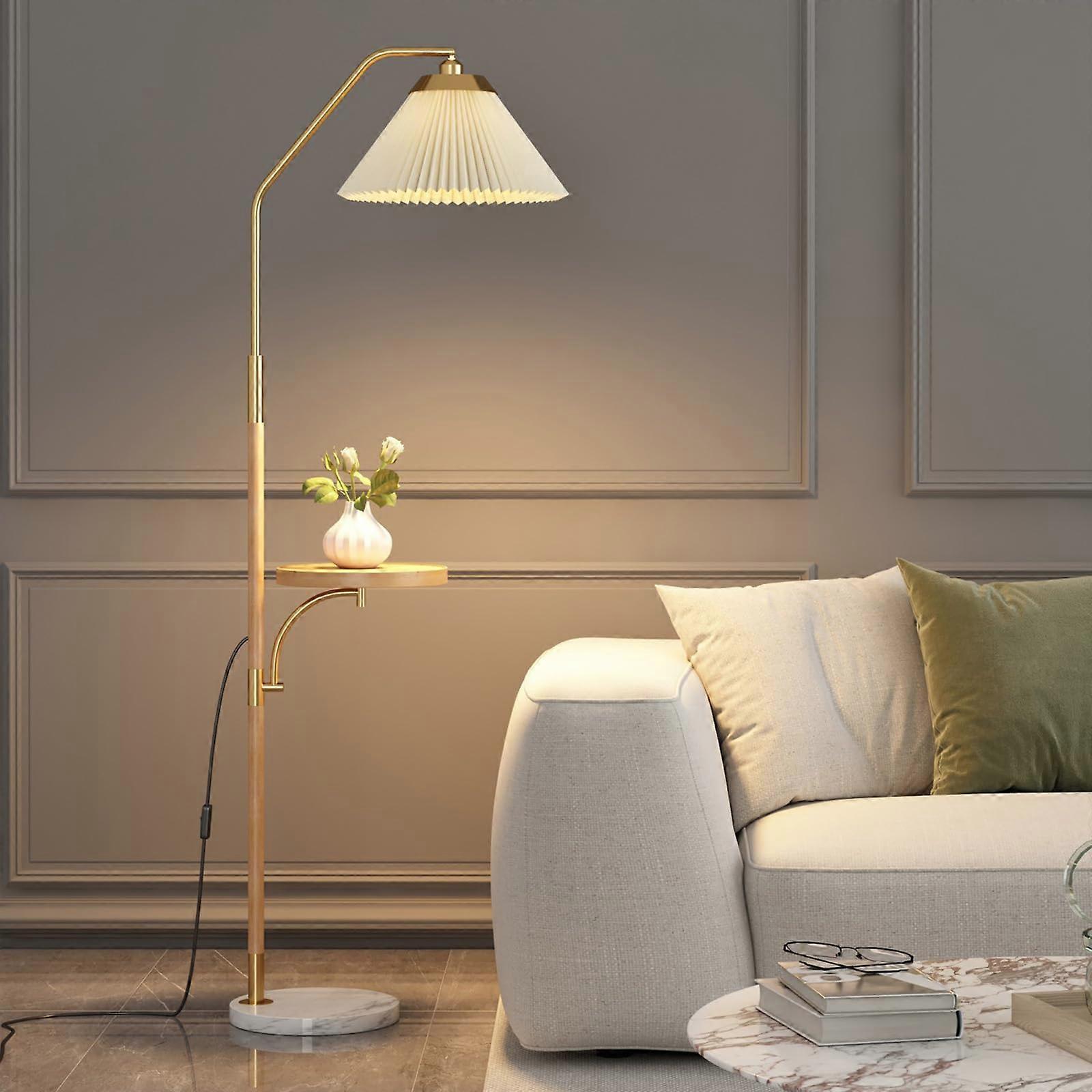 Floor Lamp With Table Tray, White Pleated Shade, Pivot Joint On Shade, LED 3Color Light, Adjustable For Bedroom