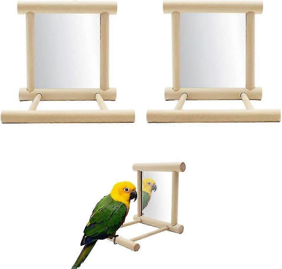 带镜子的鸟栖处，带鲈鱼的木制鸟镜，鸟笼栖息处镜子支架，用于鹦鹉、长尾小鹦鹉、雀类、爱情鸟、灰金刚鹦鹉 10x10x10cm，2p