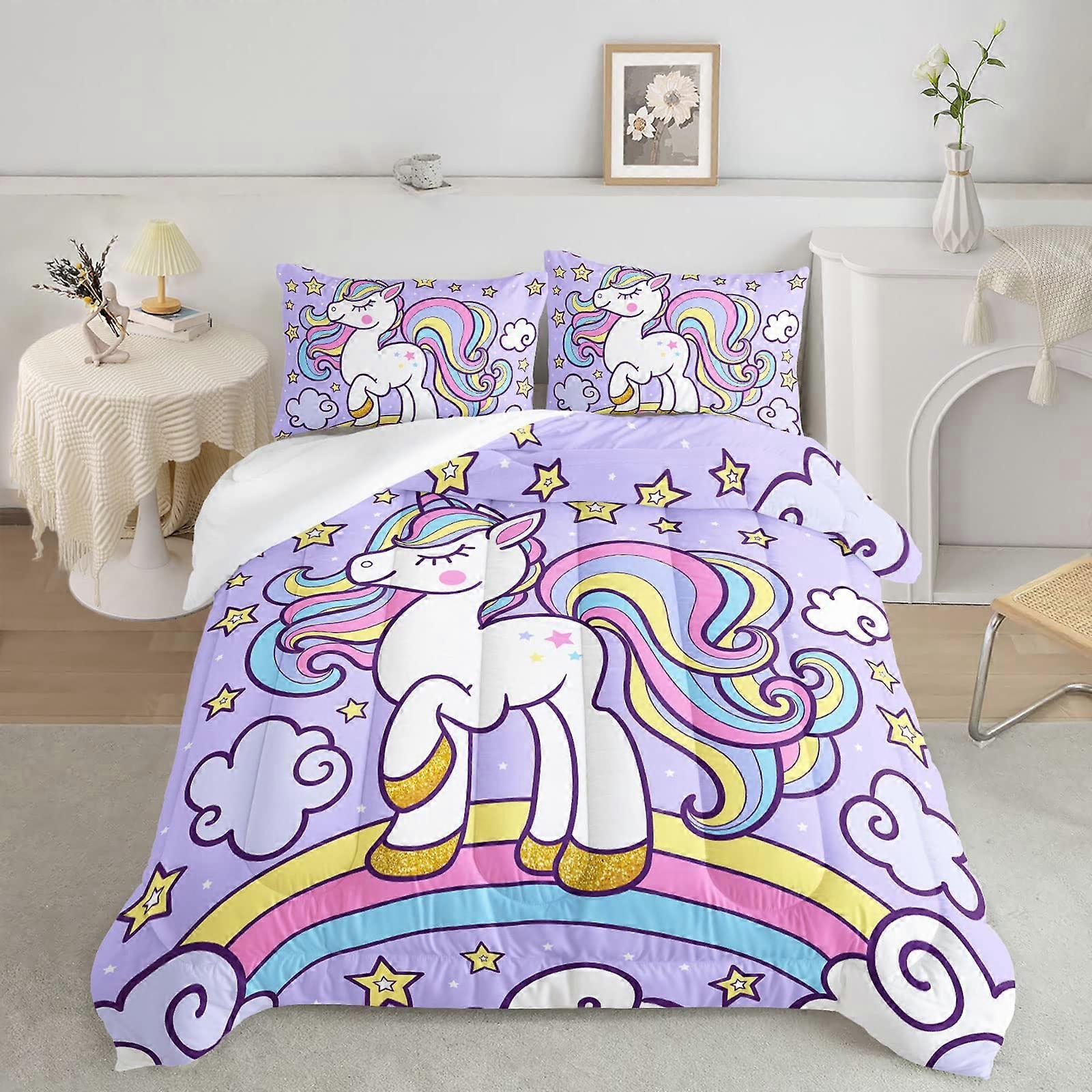 Unicorn Bedding Set Queen with Stars and Clouds, Purple Comforter and 2 Pillowcases for Girls Teens