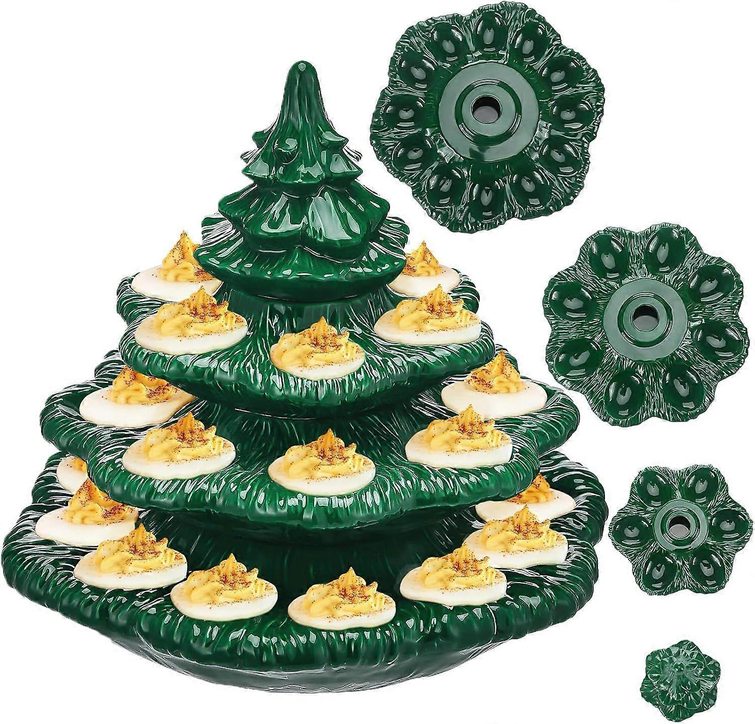 4 Pcs Christmas Tree Shape Deviled Egg Trays Platters Holds 26 Holes Stackable Ceramic Tree Deviled Egg Plates Holders for Xmas Holiday Farmhouse Kitc