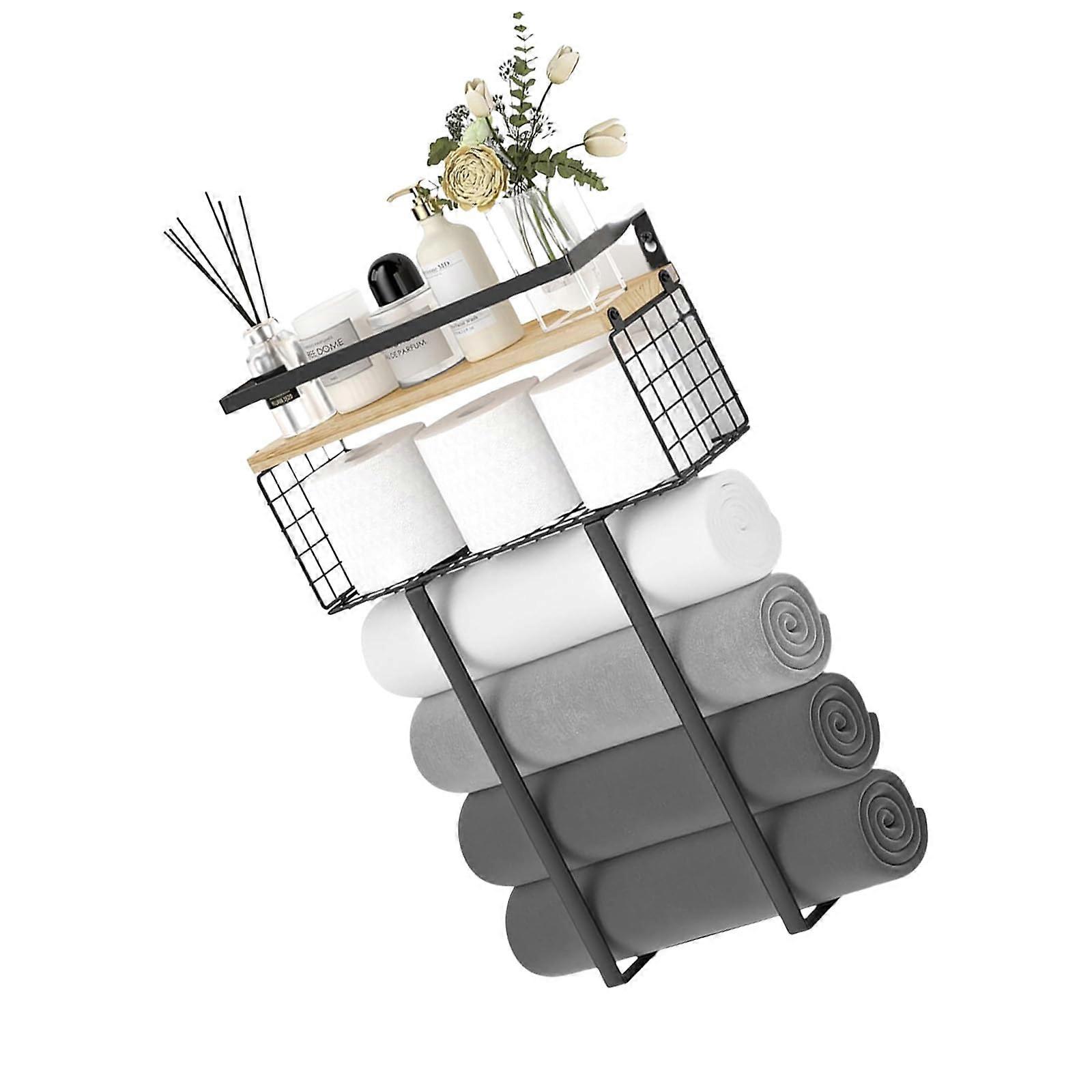 Black Bathroom Towel Rack with Double Layer Iron and Wood Wall Shelf Storage Organizer