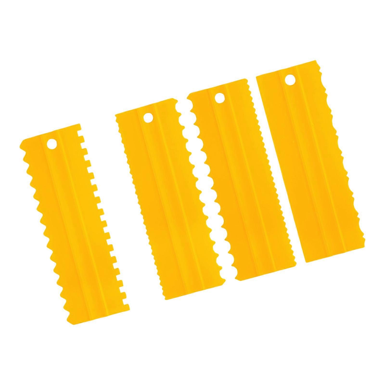 Pack of 4 Multi Shape Cake Scrapers Plastic for Professional Dessert Crafting highlighting Double Sided Comb Pattern  Yellow