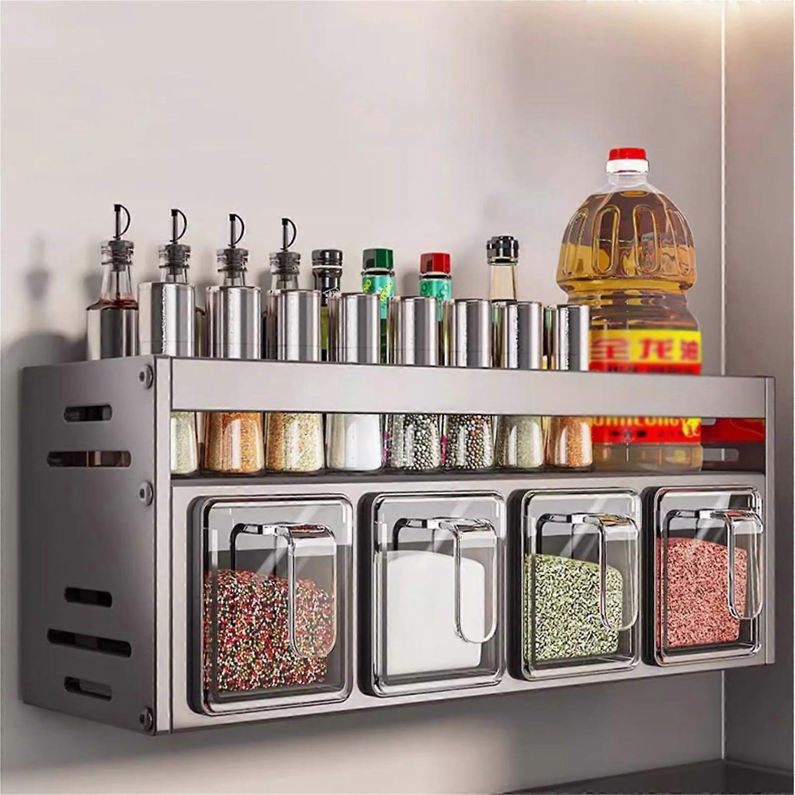 Spice Rack Kitchen Organizer Wall Mounted or Countertop Rustproof Shelf with Seasoning Jars Gray