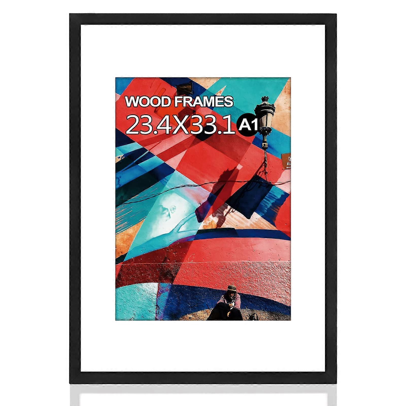 A1 Poster Frame Natural Solid Wood Black with Polished Plexiglass Dual Size Wall Mount