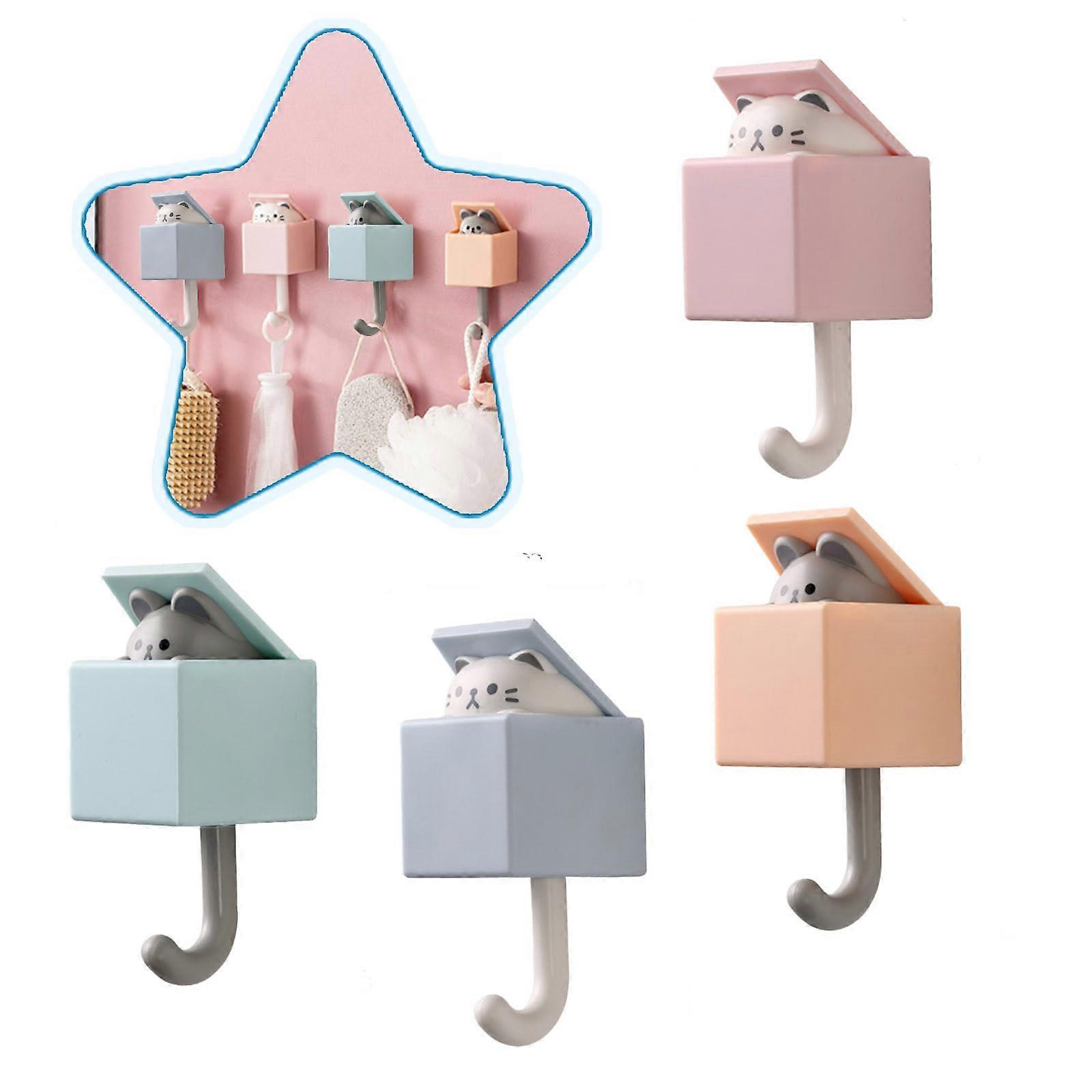 Adhesive Wall Hooks Cute Cat Design, 6 Pcs NoDrill Kitty Coat Hooks for Keys Towels Hats Bags, 4 Colors