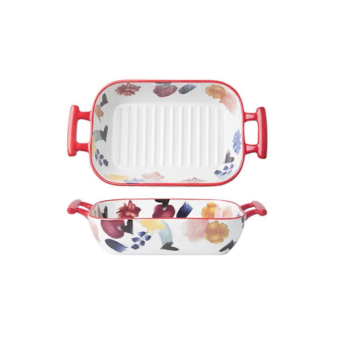 Ceramic Baking Dish Set of 2, Oven Safe Porcelain Bakeware, Rectangular Floral Design, Easy Clean