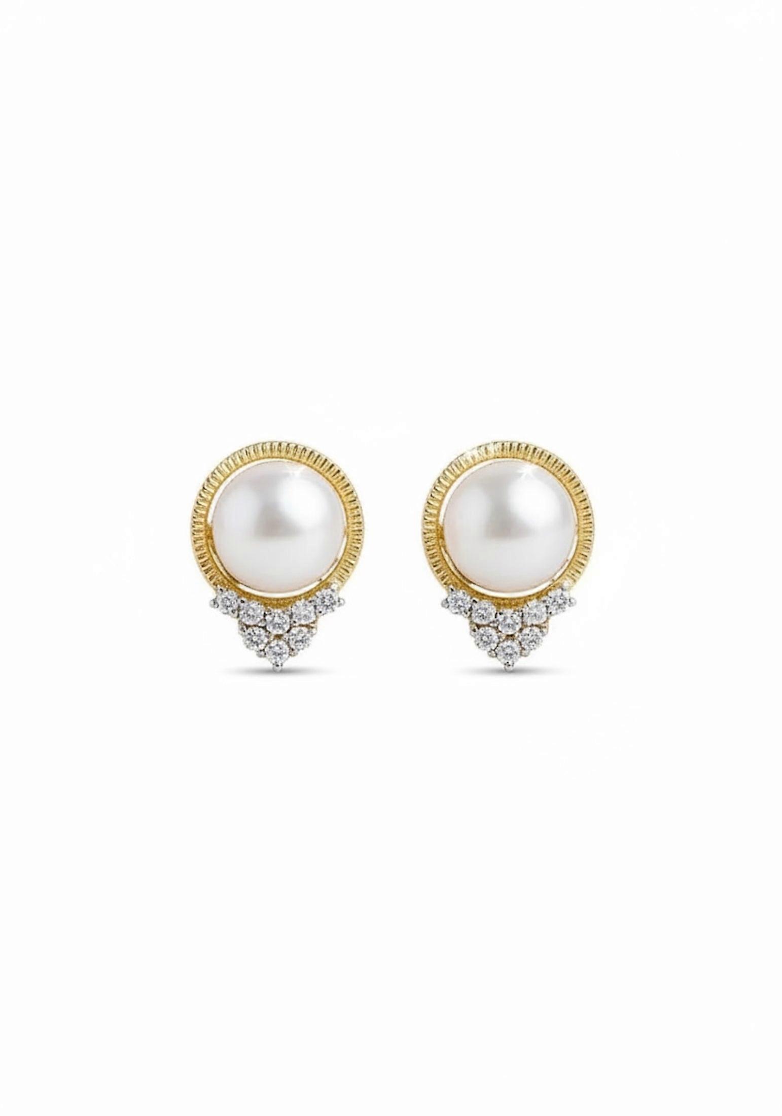 Solid 14k Gold Diamond and Pearl Empress Earrings