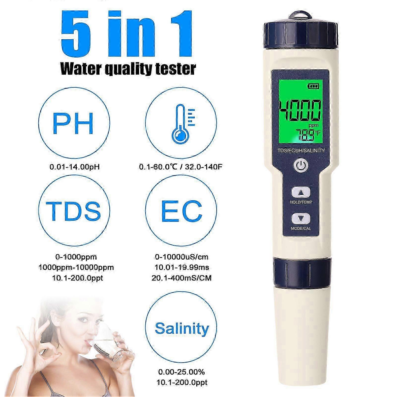 5 in 1 Professional Multi-parameter Combo Testing Meter PH/EC/TDS/Salinity/Thermometer Digital Multi-Function Tester Water Quality Tester