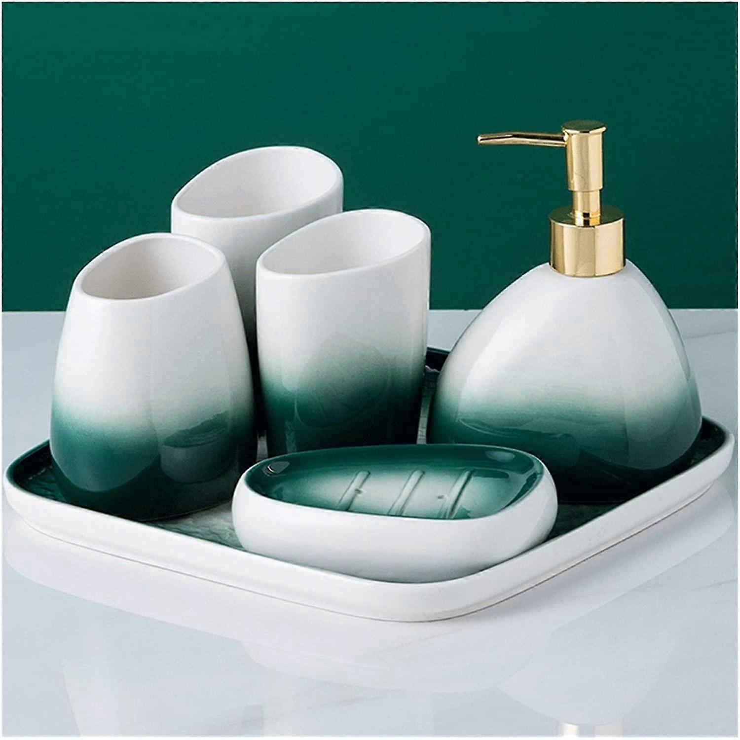 Gradient Green Ceramic Soap Dispenser 450ml with Smooth Pump, Retro Bathroom Accessories Set