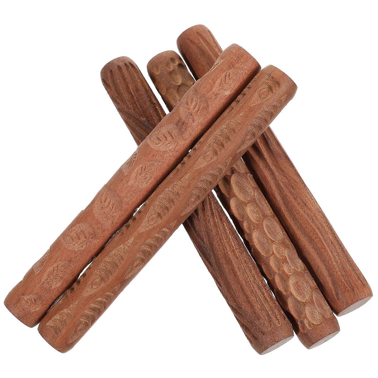 Mud Rolling Tool Wooden Handle Pottery Pattern Rollers Kit for Clay 5Pcs