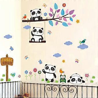 Heytea Play on The Swing Tree Branch Panda Wall Decal Owls Birds Butterflies Vinyl Sticker Sweet Home Sign Sticker for Nursery Kids Bedroom DIY 35.43"