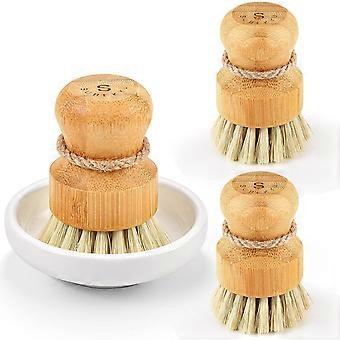 Geschirr-Scheuerbürsten aus Bambus von Subekyu, Reinigungsscheuersaugmaschinen aus Küchenholz zum Waschen von Gusseisenpfanne/-topf, natürliche Sisalborsten, 3er-Set
