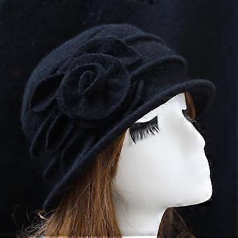 Dame vintage uld bowlerhat med blomsterdekoration, blød og varm vinterhue