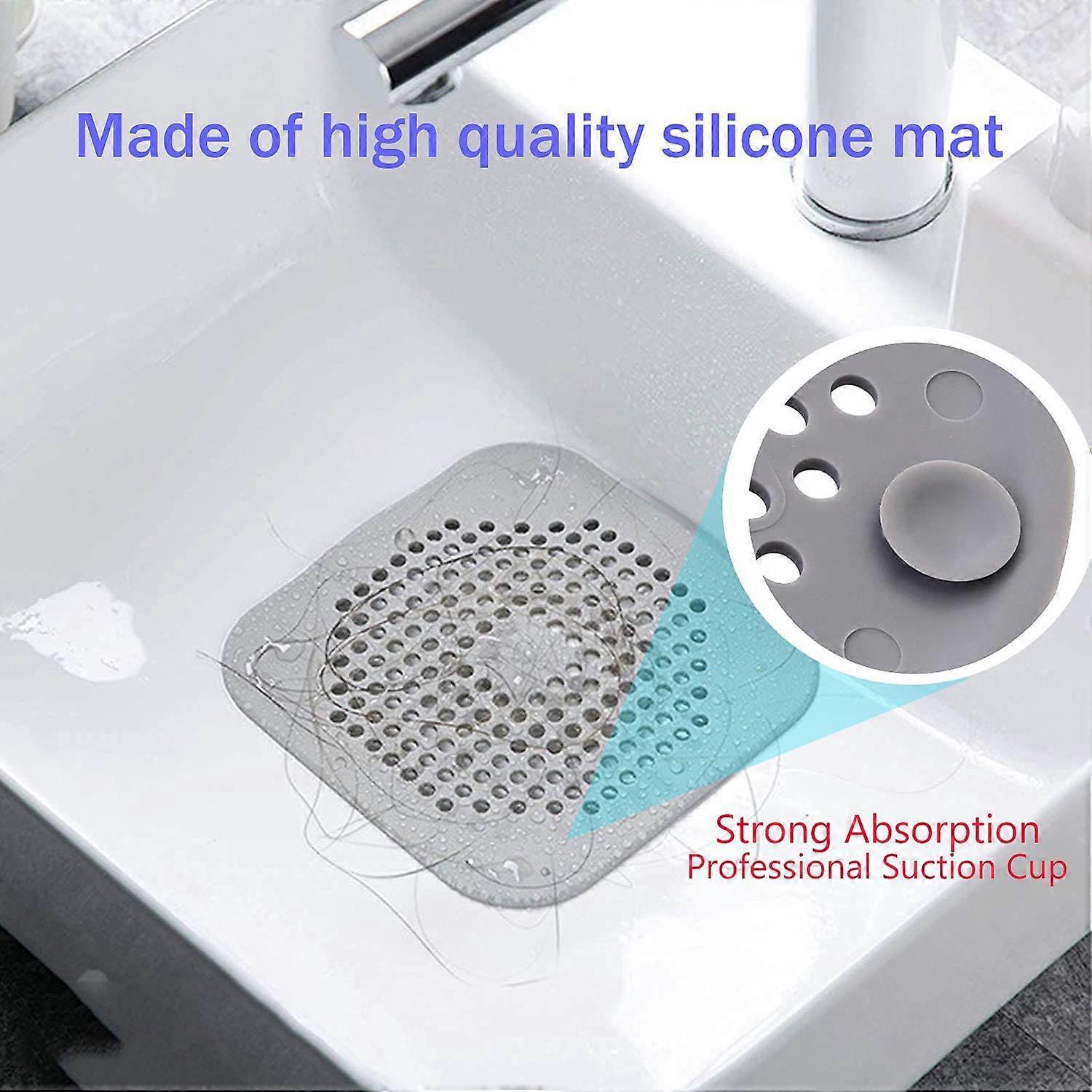 Square Silicone Drain Strainer – 14cm Bathtub Shower Hair Catcher With Suction Cup, Gray