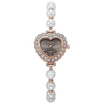 Hartvormig horloge met strasssteentjes voor dames - Armband met imitatieparels, kleine wijzerplaat, quartz horloge