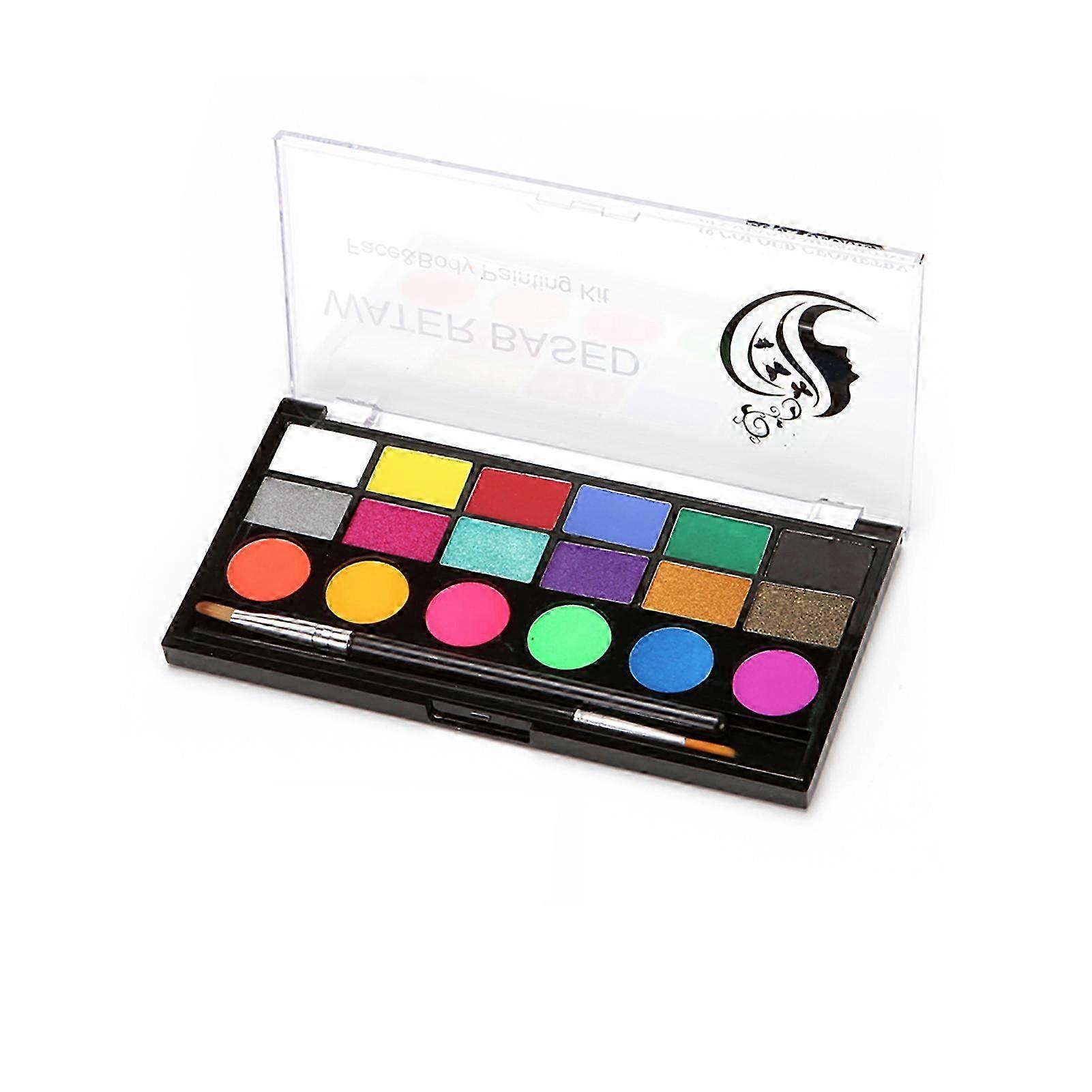 18 Colors Face Body Paint Kit 6 Normal Paints & 6 Pearl Effect Paints & 6 Uv Glow Paints With 2 Brushes Safe Non-toxic Facepaints Water Based Face Pai