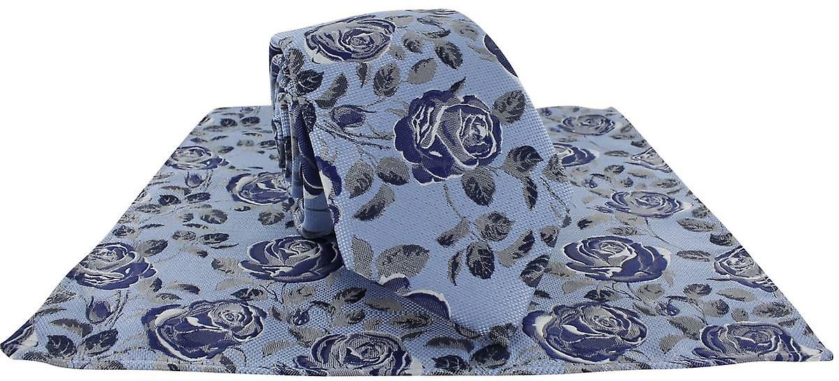 Michelsons of London Textured Rose Floral Polyester Tie and Pocket Square Set - Blue/Navy