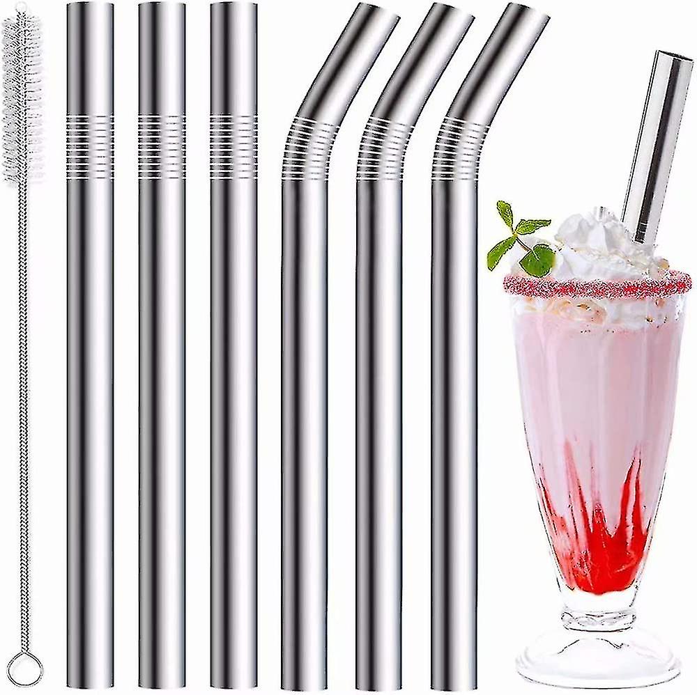 Stainless Steel Smoothie Straws, 0.4'' Extra Wide Reusable Metal Drinking Straws For Milkshake, Smoothie, Beverage, Set Of 6 With 1 Cleaning Brush (3p