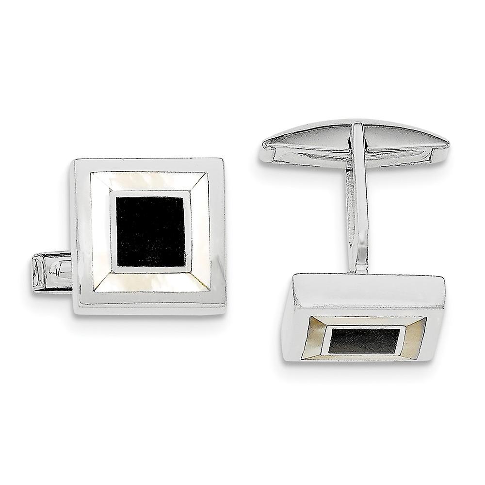 925 Sterling Silver Polished Simulated Mother of Pearl and Enamel Cuff Links-Cuff Link for Men
