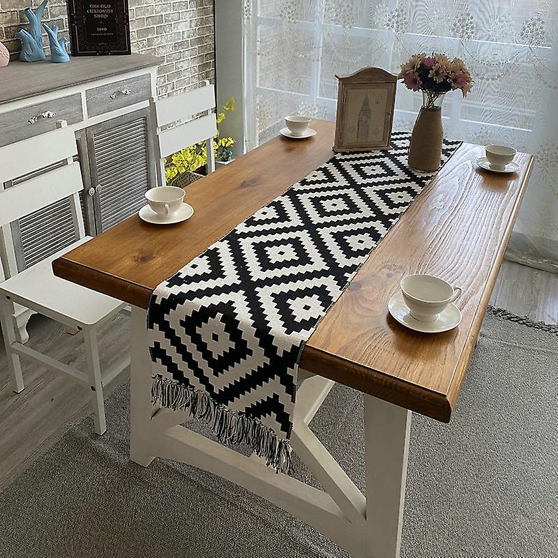 Linen table runner, geometric pattern table runner with tassels