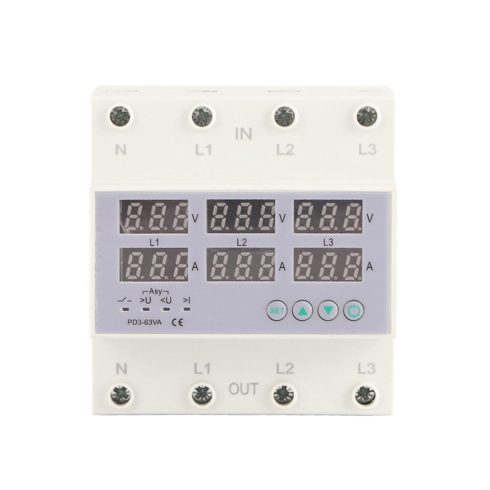 Ouitble Voltageand Current Protector 3 Phase DIN Rail Voltmeter Ammeter Overvoltage Overcurrent Protector 63A, AC 390-500V