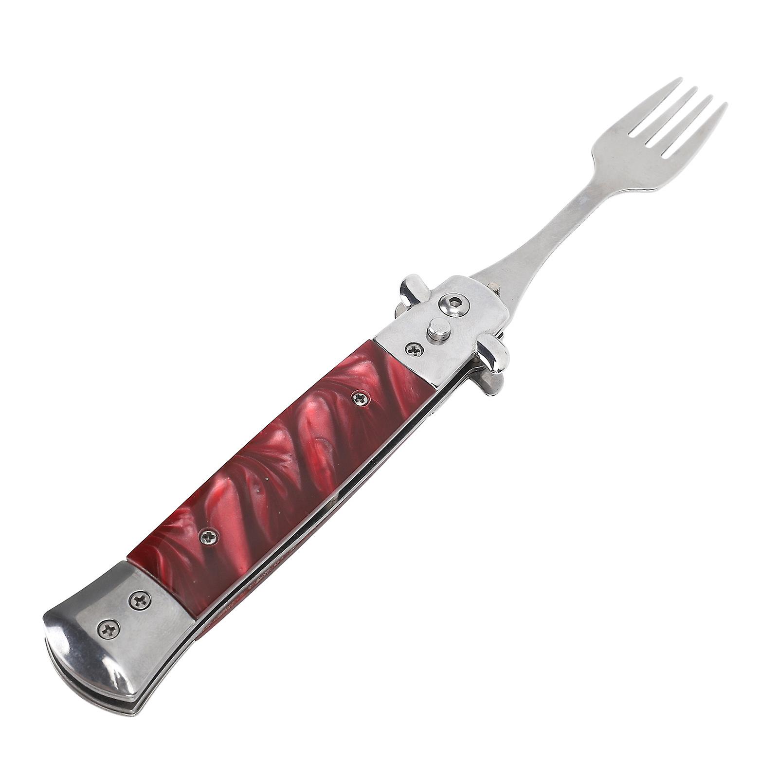 Folding Spring Camping Fork One Button Flick 304 Stainless Steel Pocket Size Automatic Spring Utensils Fork Red 