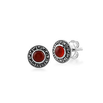 Art Deco Style Round Red Carnelian & Marcasite Halo Stud...