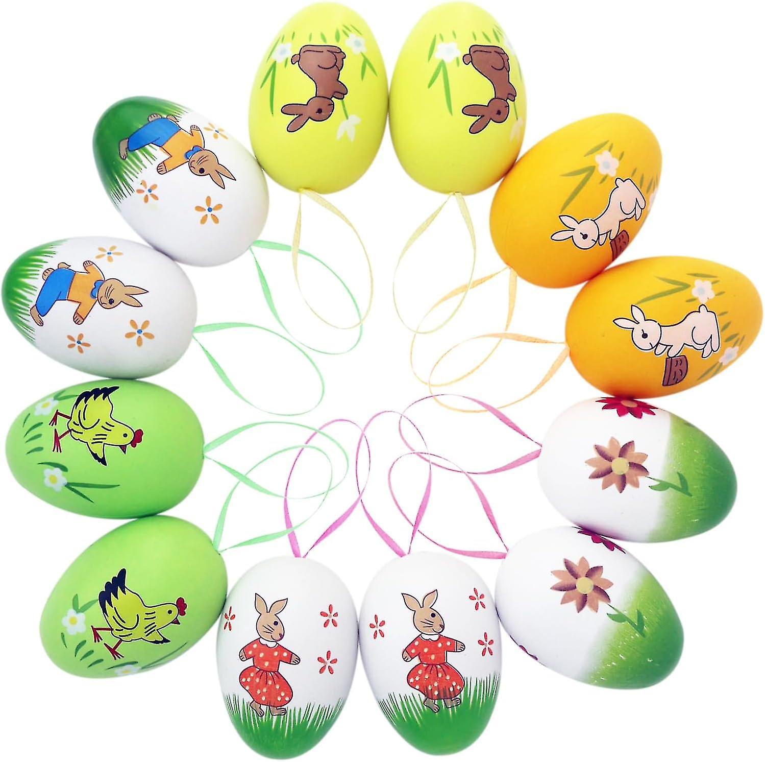 Easter Hanging Plastic Eggs with Rabbit, Chick and Floral Pattern, 12 Pieces Colourful Easter Eggs Decor